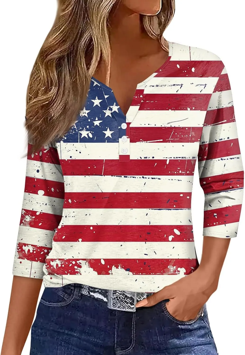 Womens Summer Tops Patriotic 4th of July V Neck 3/4 Sleeve Casual Tshirts Comfortable Soft Fabric Shirts