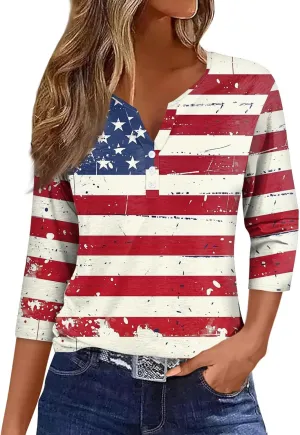 Womens Summer Tops Patriotic 4th of July V Neck 3/4 Sleeve Casual Tshirts Comfortable Soft Fabric Shirts