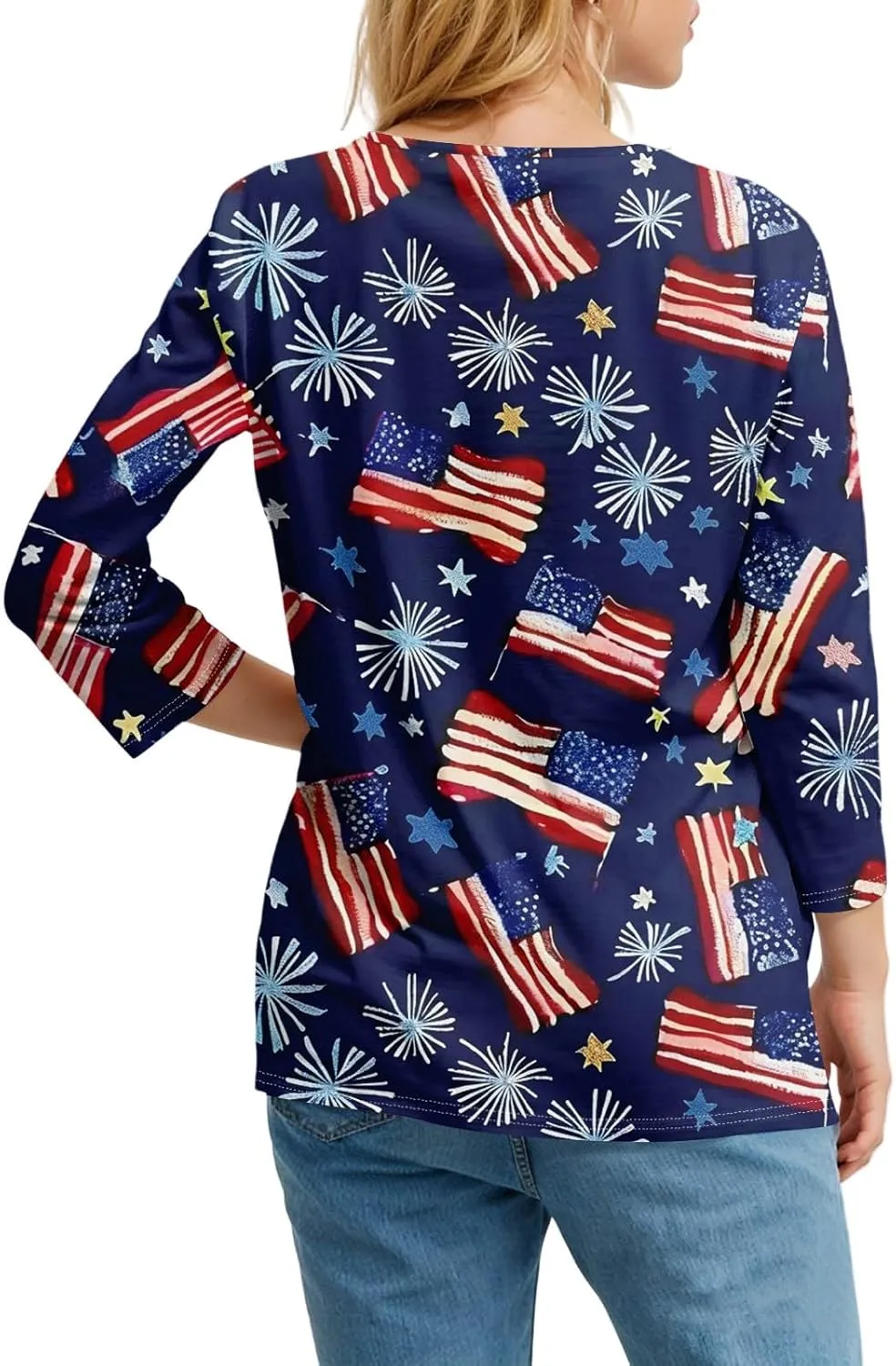Womens Summer Tops Patriotic 4th of July V Neck 3/4 Sleeve Casual Tshirts Comfortable Soft Fabric Shirts