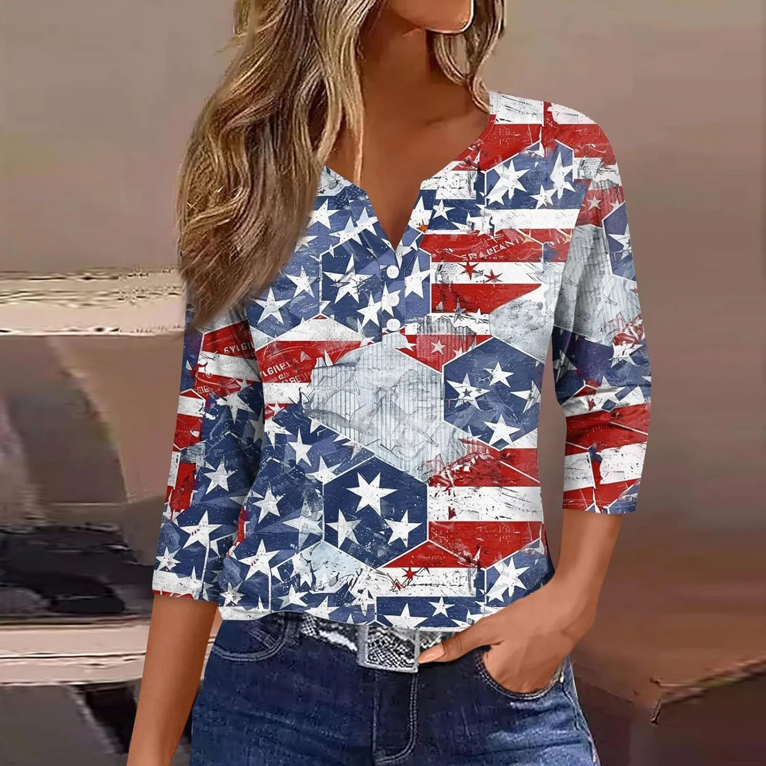 Womens Summer Tops Patriotic 4th of July V Neck 3/4 Sleeve Casual Tshirts Comfortable Soft Fabric Shirts