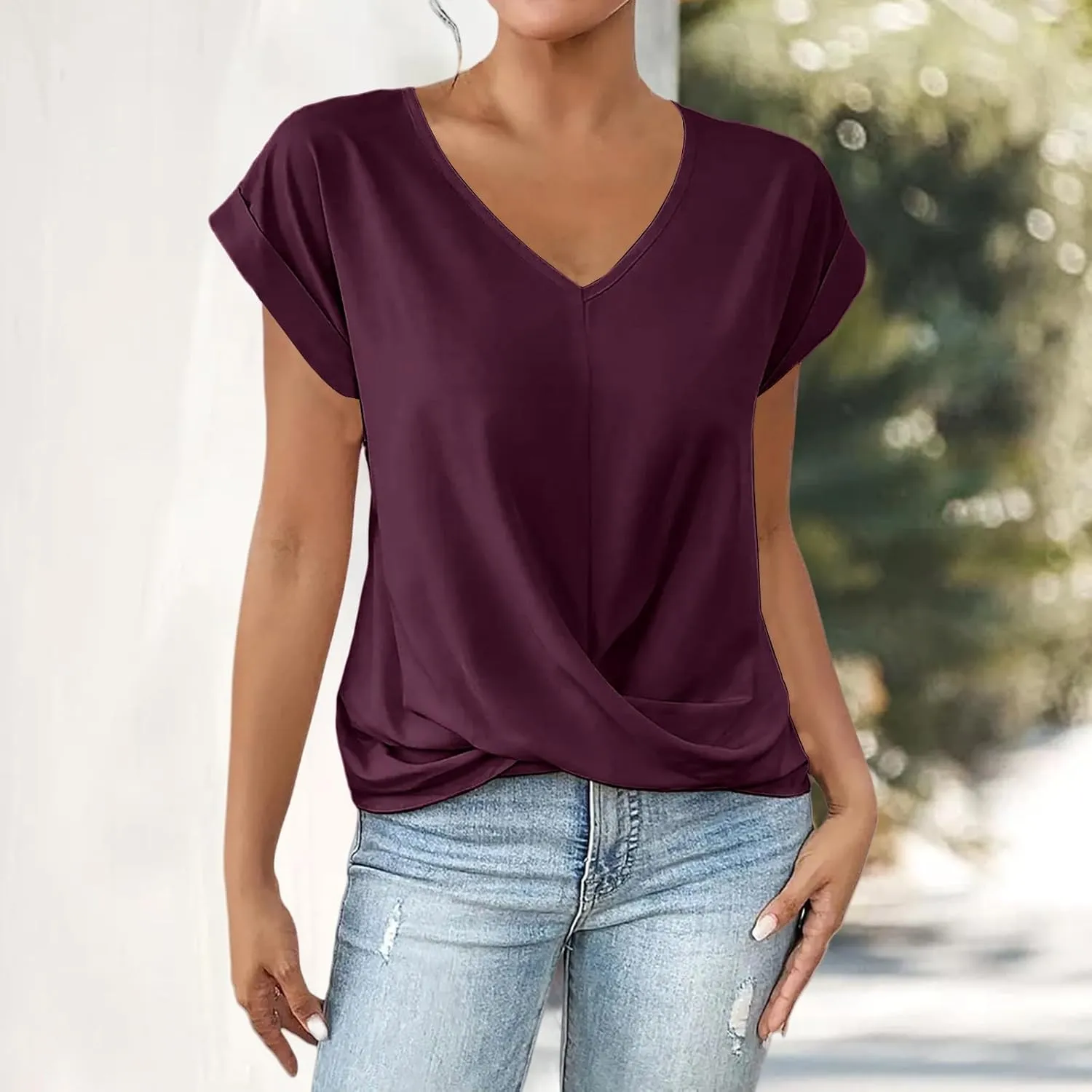 Womens Tops Casual Short Sleeve Twist Front Tee T-Shirt Loose Fitted Tunic Lightweight Summer Blouses Vacation Clothes