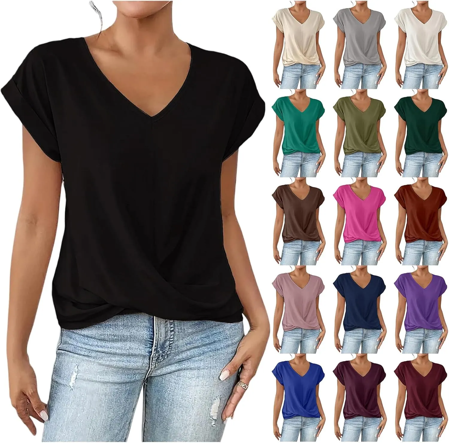 Womens Tops Casual Short Sleeve Twist Front Tee T-Shirt Loose Fitted Tunic Lightweight Summer Blouses Vacation Clothes