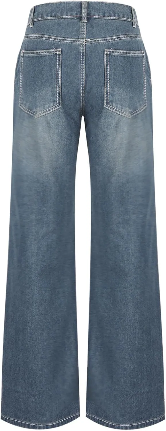 Womens Wide Leg Boyfriend Jeans Casual Loose Fit Denim Pants Trendy High Waisted Distressed Frayed Baggy Jeans