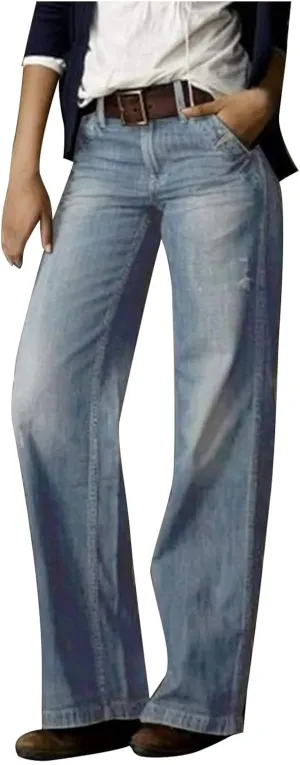 Womens Wide Leg Boyfriend Jeans Casual Loose Fit Denim Pants Trendy High Waisted Distressed Frayed Baggy Jeans
