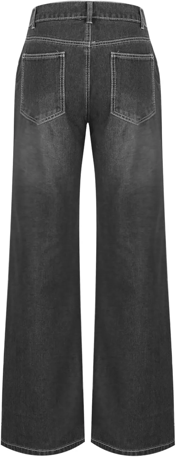 Womens Wide Leg Boyfriend Jeans Casual Loose Fit Denim Pants Trendy High Waisted Distressed Frayed Baggy Jeans