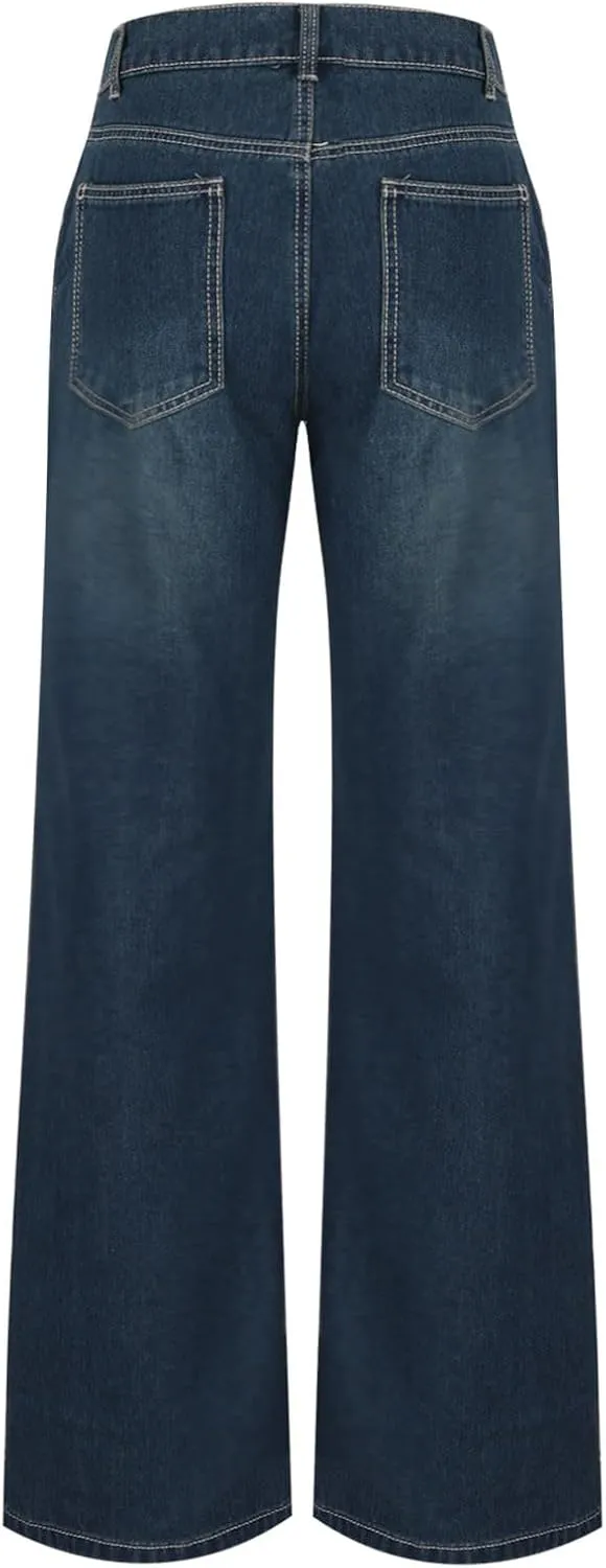Womens Wide Leg Boyfriend Jeans Casual Loose Fit Denim Pants Trendy High Waisted Distressed Frayed Baggy Jeans