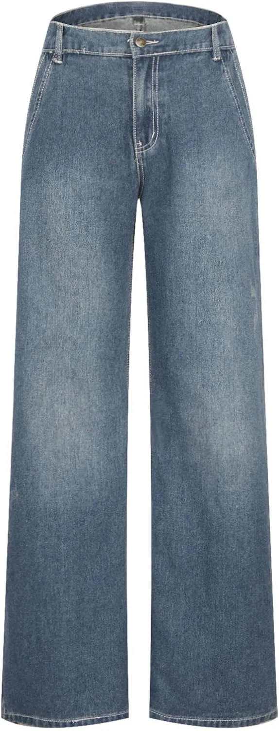 Womens Wide Leg Boyfriend Jeans Casual Loose Fit Denim Pants Trendy High Waisted Distressed Frayed Baggy Jeans