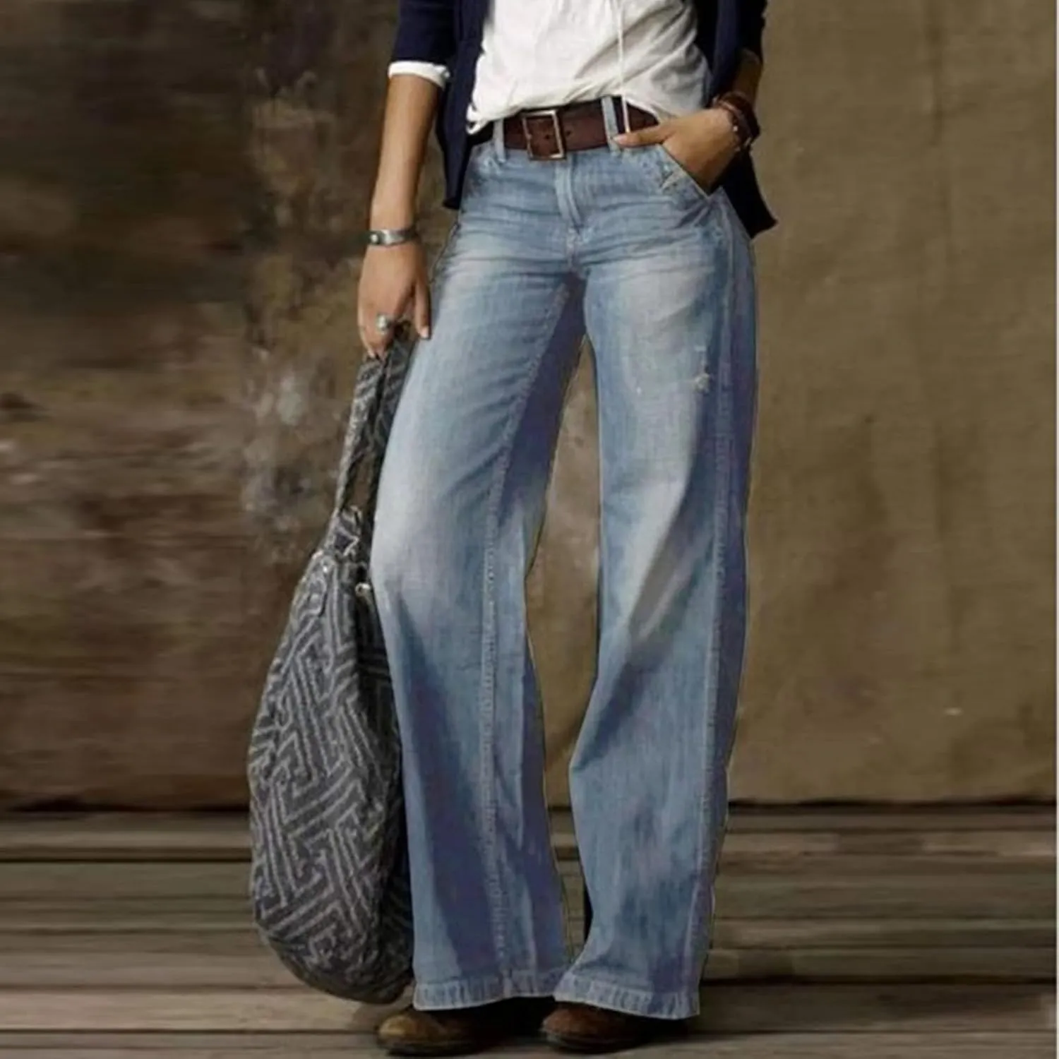 Womens Wide Leg Boyfriend Jeans Casual Loose Fit Denim Pants Trendy High Waisted Distressed Frayed Baggy Jeans