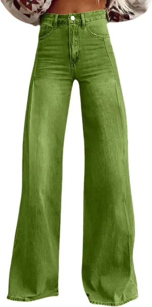 Women's Wide Leg Jeans Casual Loose Solid Color High Waisted Flare Baggy Jean Stretch Denim Pants
