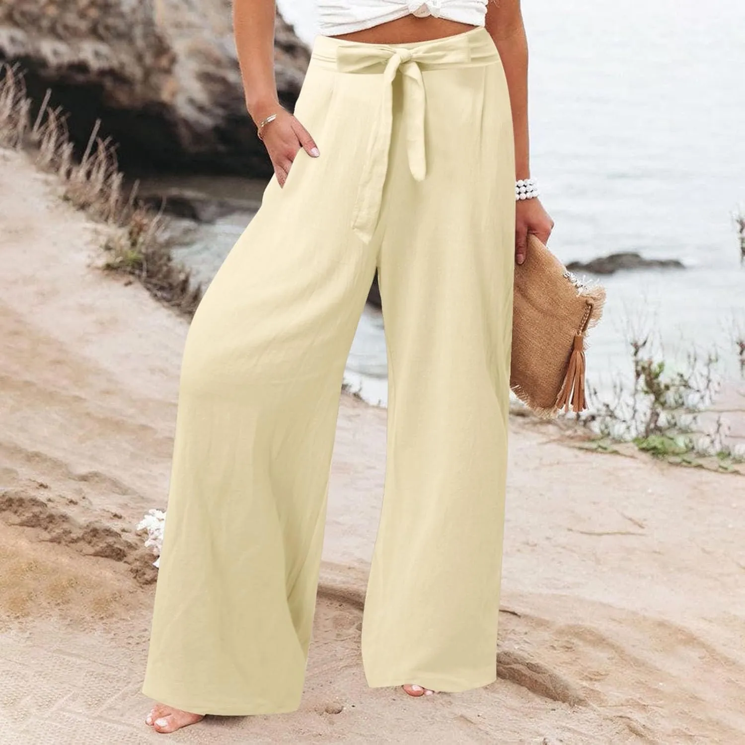 Women's Wide Leg Pants Winter Casual Vacation Leggings with Pockets Water Resistant Flare Leggings