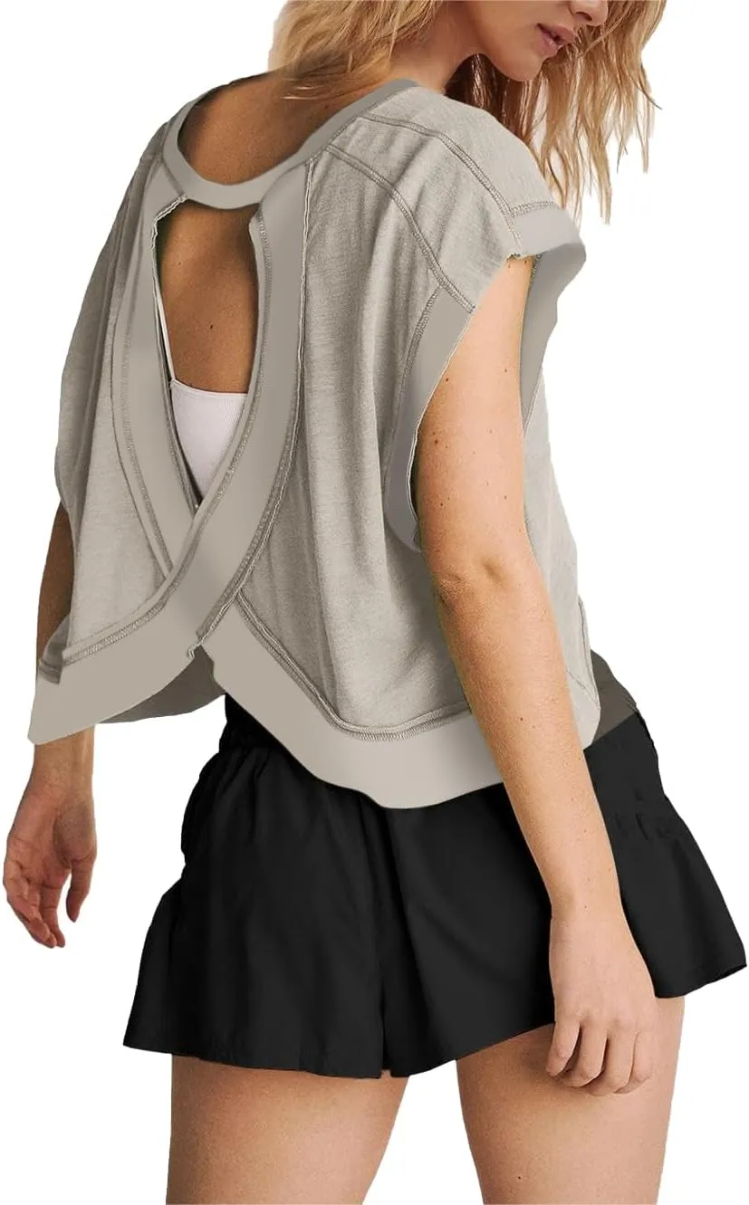 Womens Yoga Cover Up Workout Tops Open Back Gym Tee Oversized Short Sleeve T Shirts Casual Athletic Crop Tops