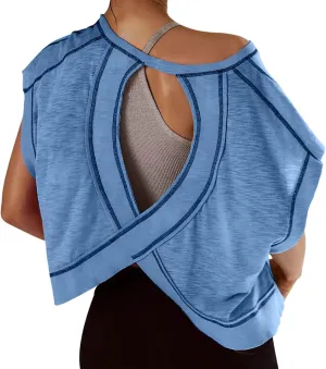 Womens Yoga Cover Up Workout Tops Open Back Gym Tee Oversized Short Sleeve T Shirts Casual Athletic Crop Tops