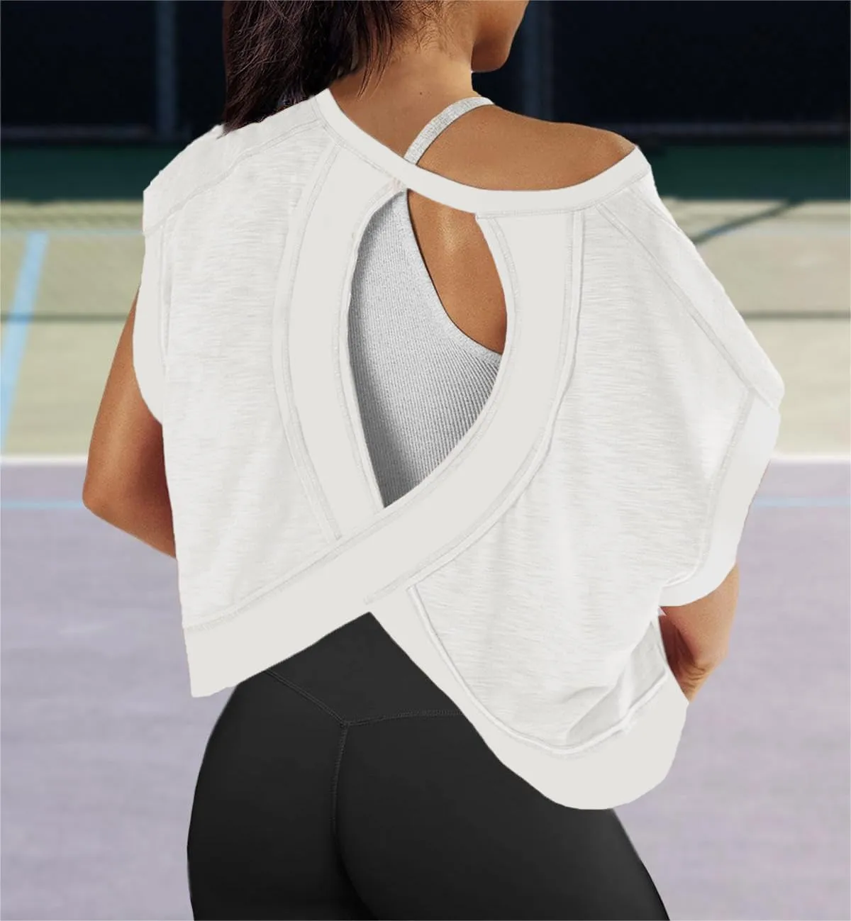 Womens Yoga Cover Up Workout Tops Open Back Gym Tee Oversized Short Sleeve T Shirts Casual Athletic Crop Tops