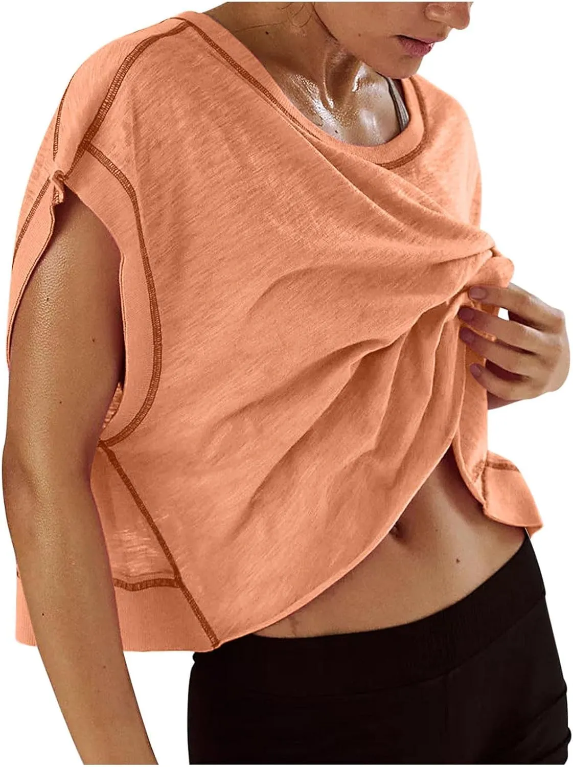 Womens Yoga Cover Up Workout Tops Open Back Gym Tee Oversized Short Sleeve T Shirts Casual Athletic Crop Tops