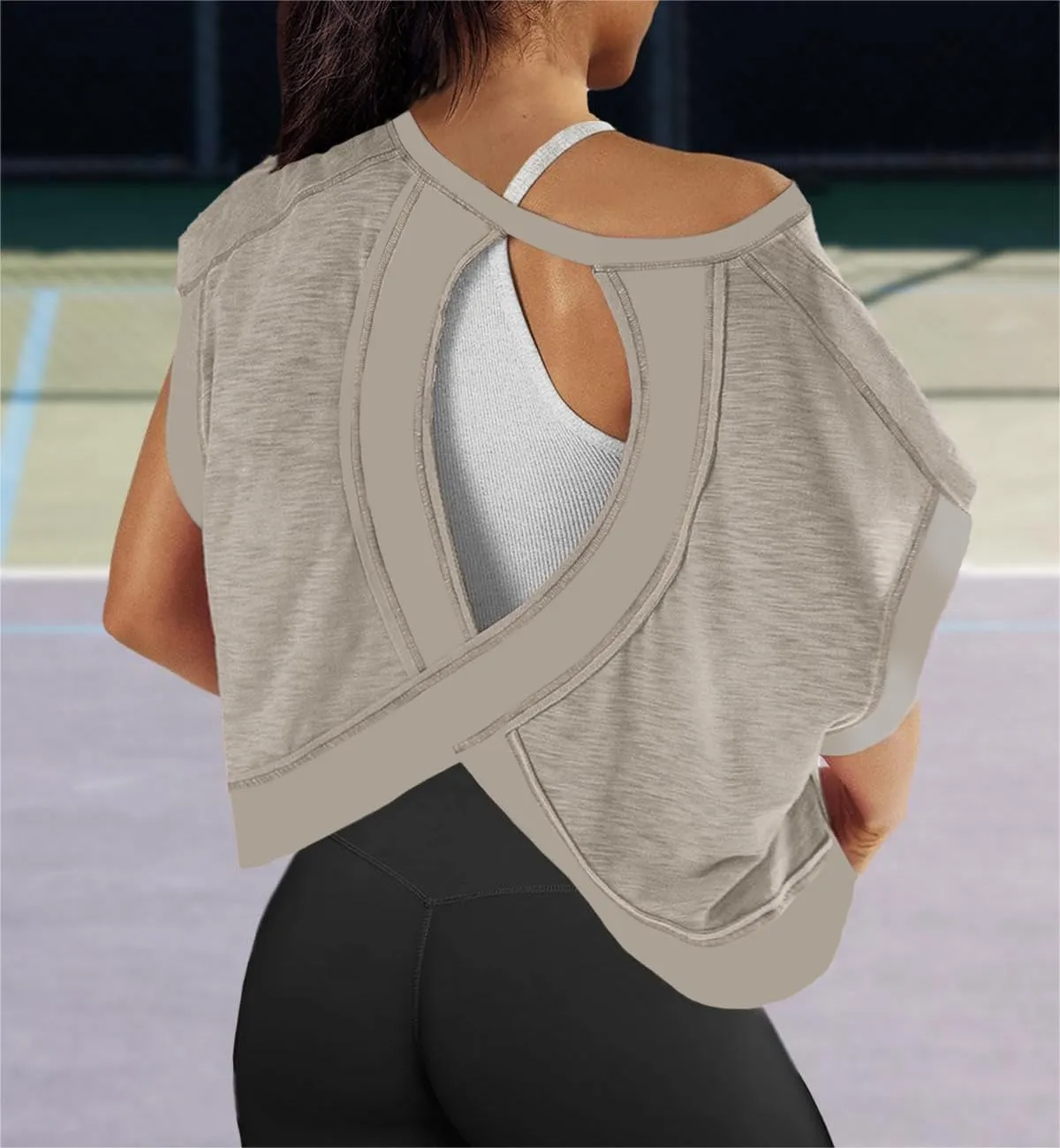 Womens Yoga Cover Up Workout Tops Open Back Gym Tee Oversized Short Sleeve T Shirts Casual Athletic Crop Tops