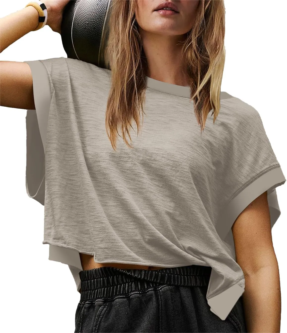 Womens Yoga Cover Up Workout Tops Open Back Gym Tee Oversized Short Sleeve T Shirts Casual Athletic Crop Tops