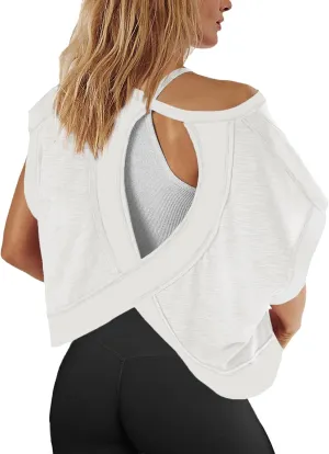 Womens Yoga Cover Up Workout Tops Open Back Gym Tee Oversized Short Sleeve T Shirts Casual Athletic Crop Tops