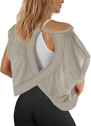 Womens Yoga Cover Up Workout Tops Open Back Gym Tee Oversized Short Sleeve T Shirts Casual Athletic Crop Tops