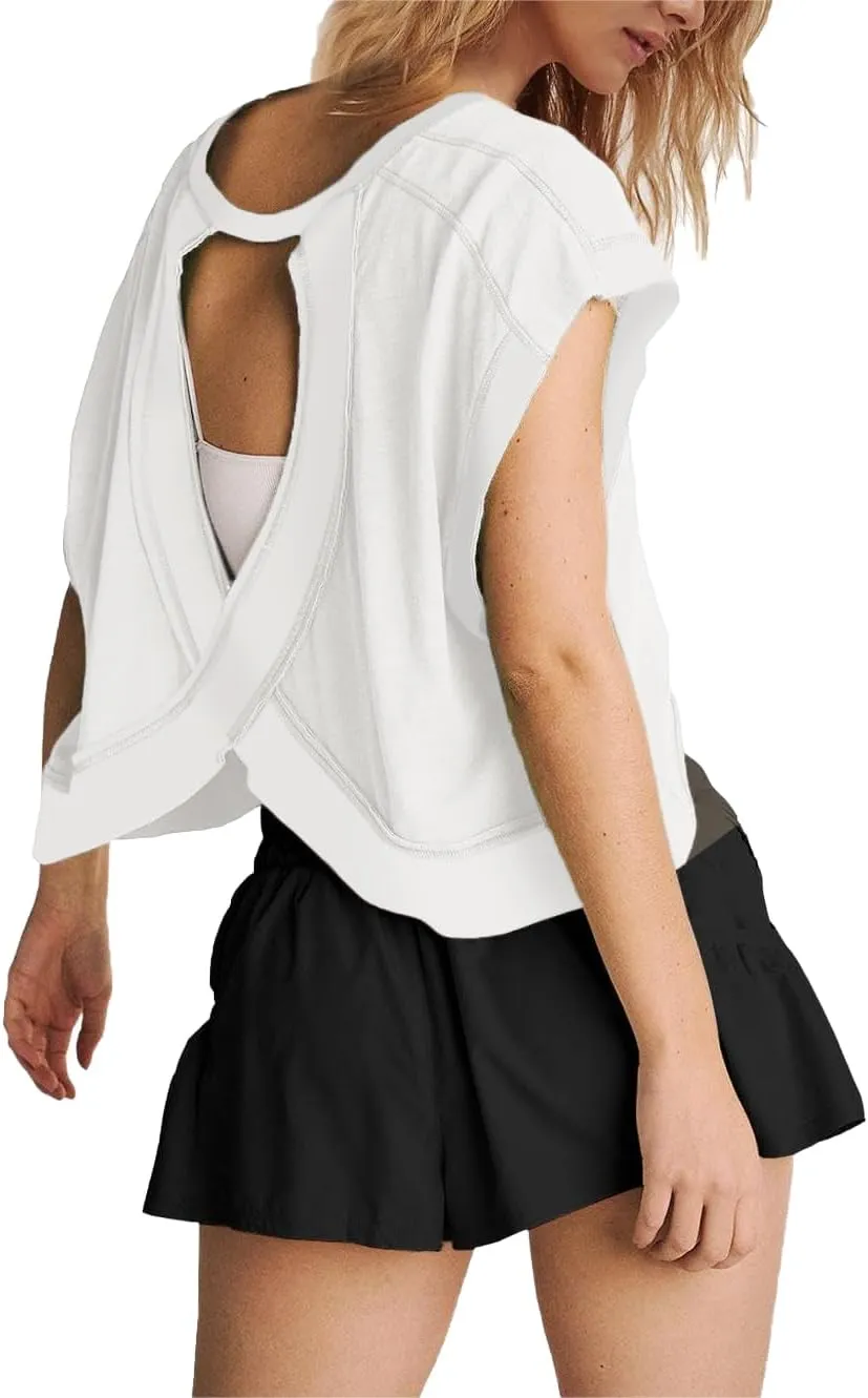 Womens Yoga Cover Up Workout Tops Open Back Gym Tee Oversized Short Sleeve T Shirts Casual Athletic Crop Tops