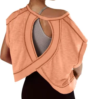 Womens Yoga Cover Up Workout Tops Open Back Gym Tee Oversized Short Sleeve T Shirts Casual Athletic Crop Tops