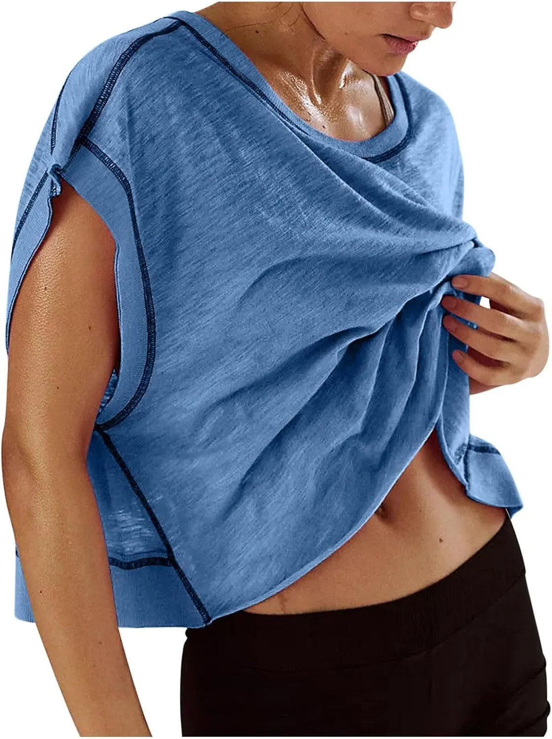Womens Yoga Cover Up Workout Tops Open Back Gym Tee Oversized Short Sleeve T Shirts Casual Athletic Crop Tops