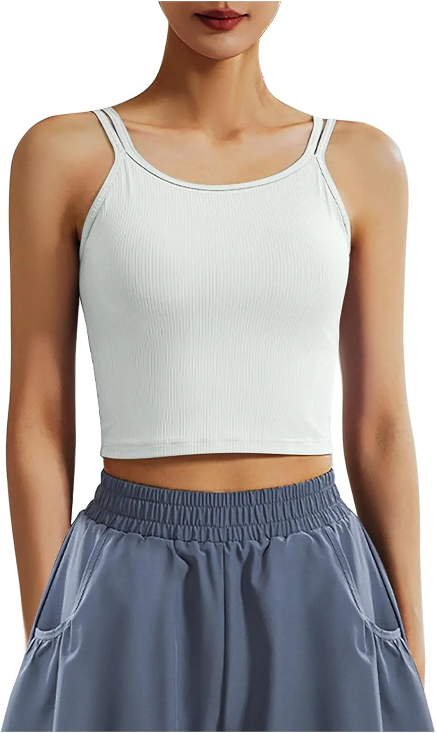 Workout Tank Tops for Women Built in Shelf Bras Padded Spaghetti Strap Crop Top Athletic Spandex Yoga Camisole