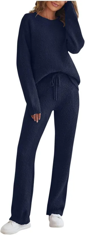 YRAETENM Lounge Sets for Women Fuzzy Fleece Long Sleeve 2 Piece Loungewear Outfits Sweater Pants Soft Lightweight Pajama Sets