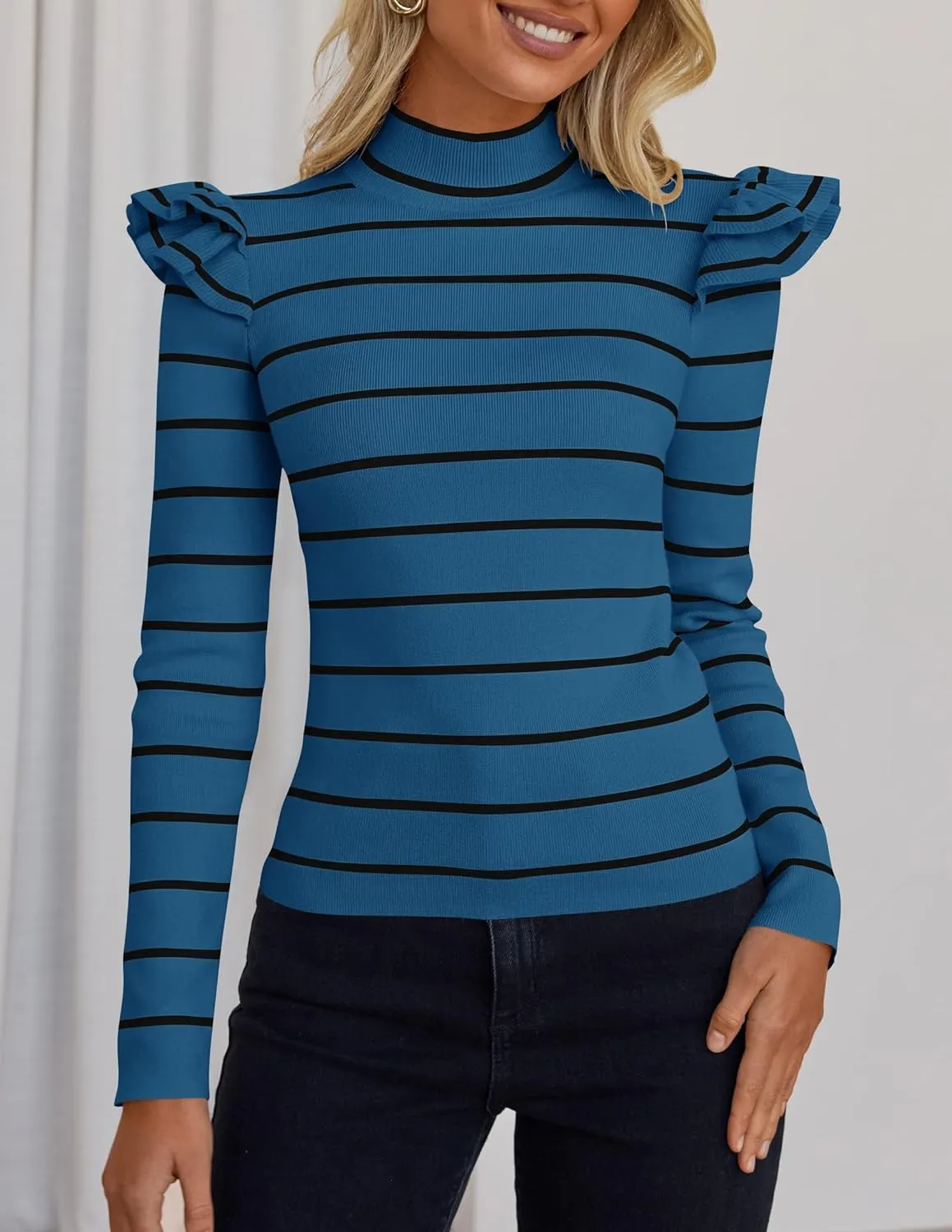 ZESICA Womens Striped Ruffle Long Sleeve Tops Fall Turtleneck Ribbed Knit Slim Fit Basic Shirt Casual Pullover Sweater