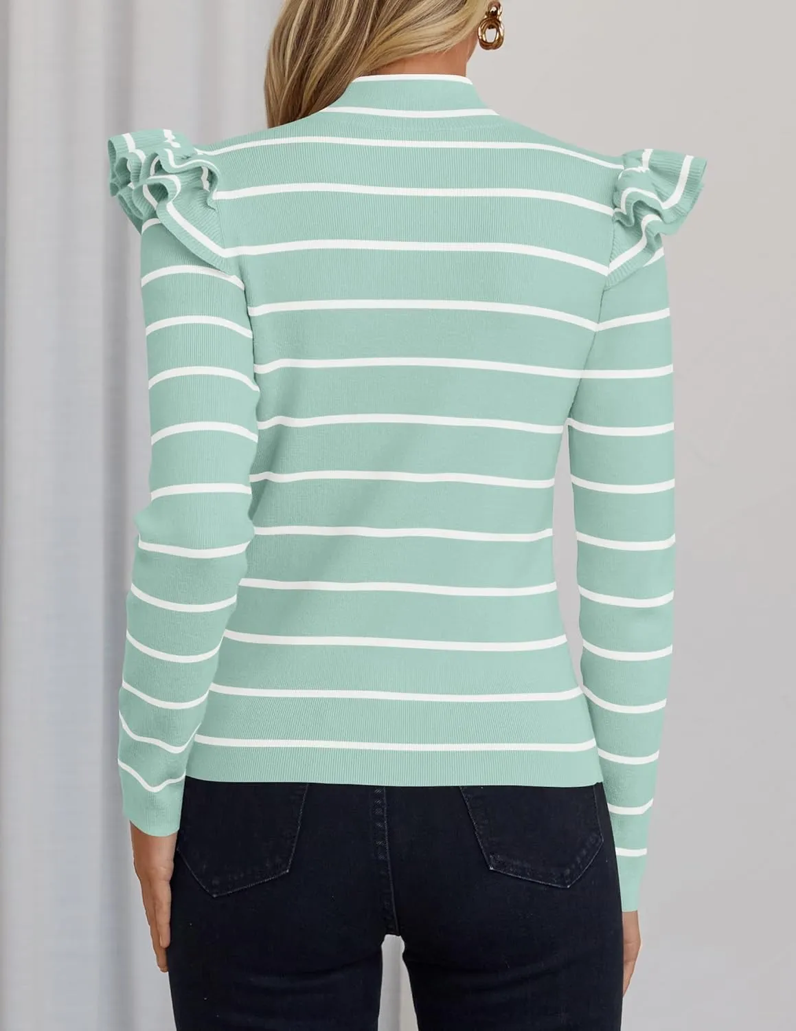 ZESICA Womens Striped Ruffle Long Sleeve Tops Fall Turtleneck Ribbed Knit Slim Fit Basic Shirt Casual Pullover Sweater