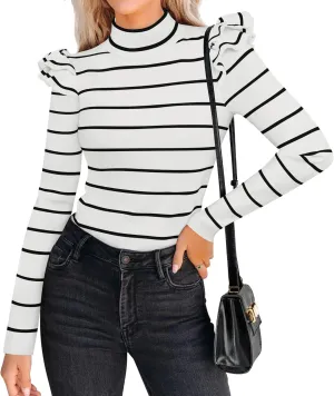 ZESICA Womens Striped Ruffle Long Sleeve Tops Fall Turtleneck Ribbed Knit Slim Fit Basic Shirt Casual Pullover Sweater