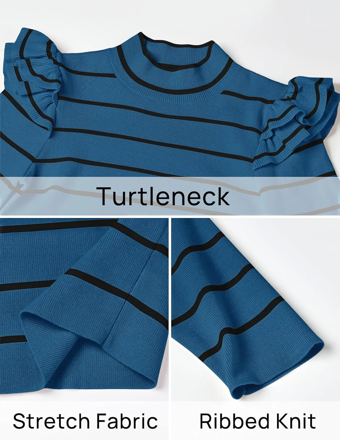ZESICA Womens Striped Ruffle Long Sleeve Tops Fall Turtleneck Ribbed Knit Slim Fit Basic Shirt Casual Pullover Sweater