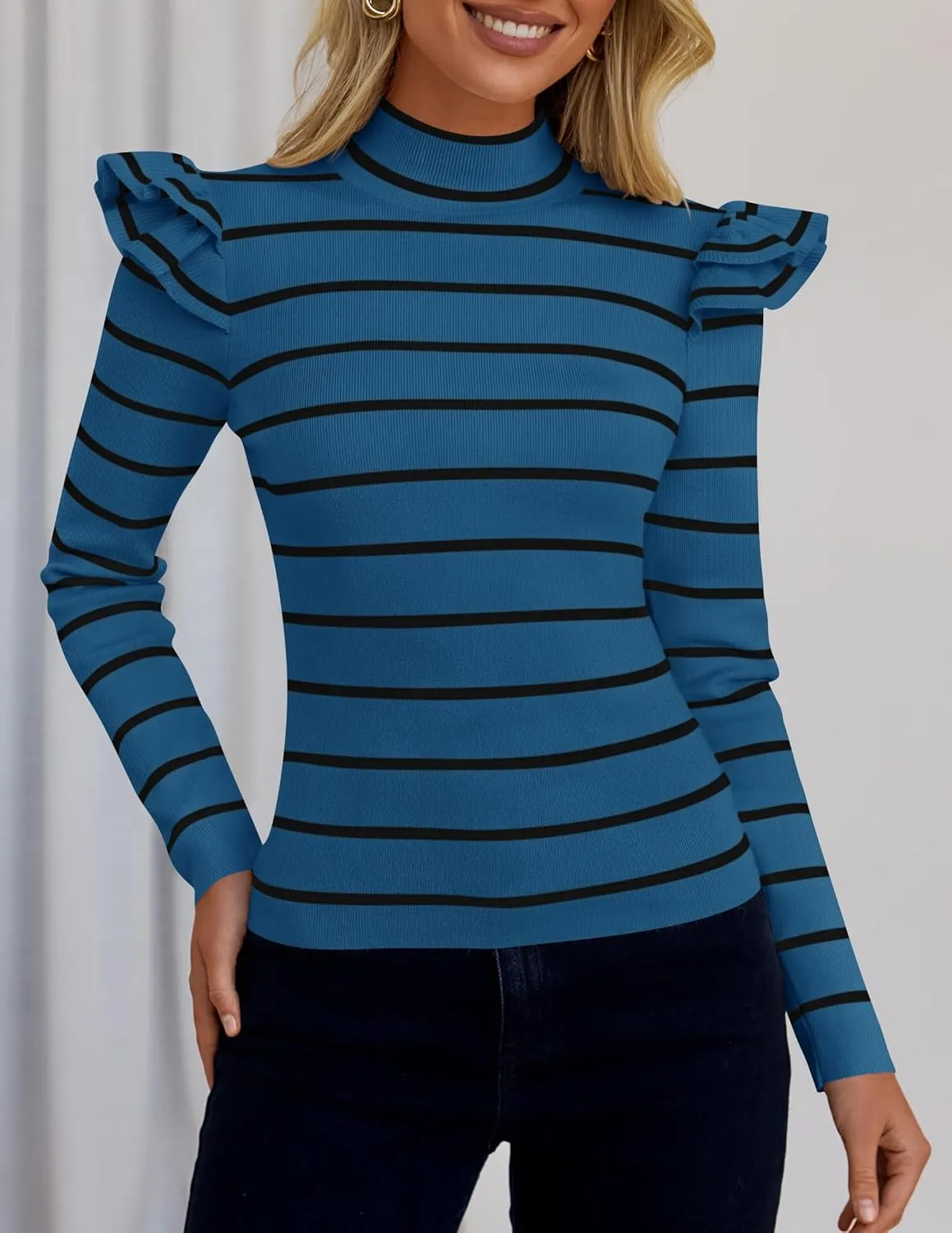 ZESICA Womens Striped Ruffle Long Sleeve Tops Fall Turtleneck Ribbed Knit Slim Fit Basic Shirt Casual Pullover Sweater