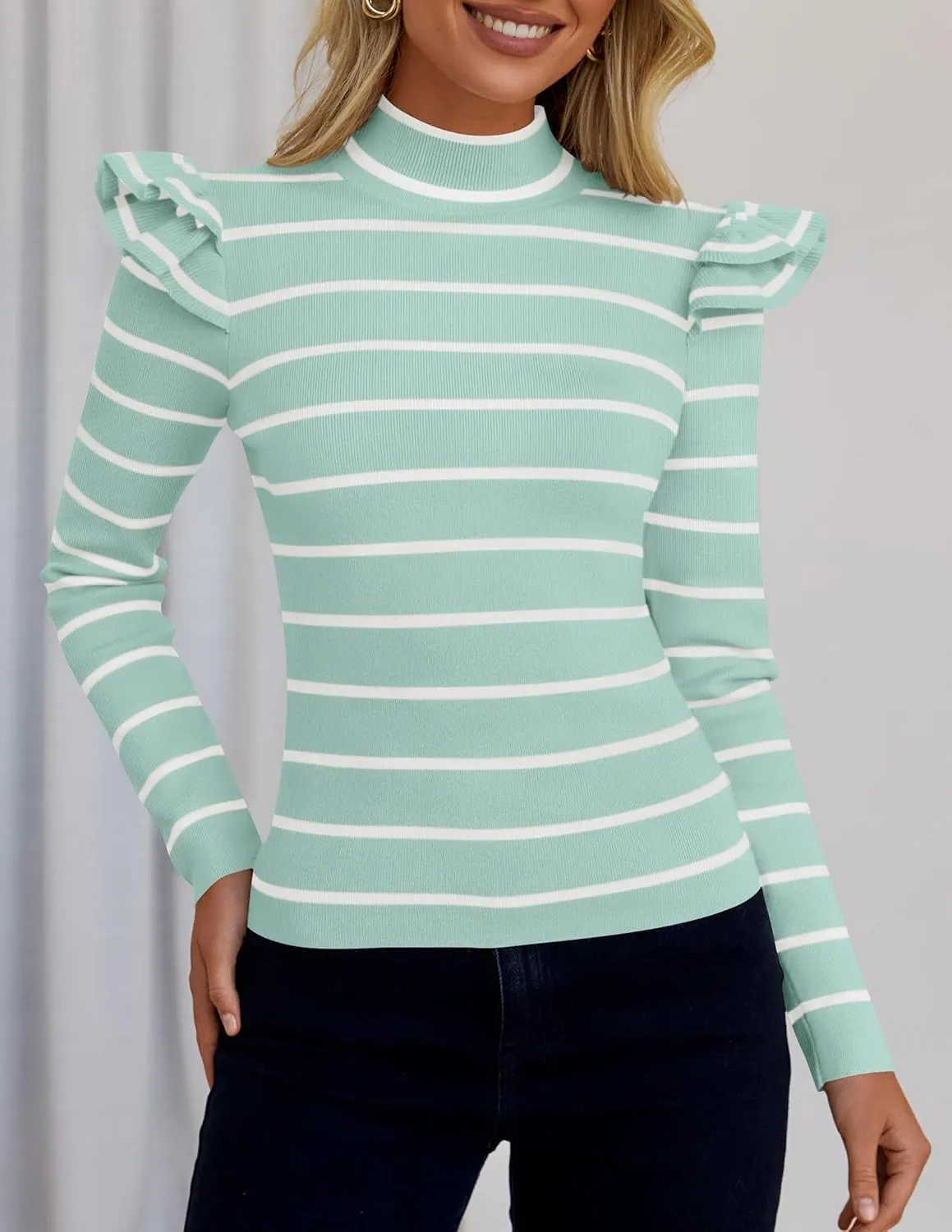 ZESICA Womens Striped Ruffle Long Sleeve Tops Fall Turtleneck Ribbed Knit Slim Fit Basic Shirt Casual Pullover Sweater