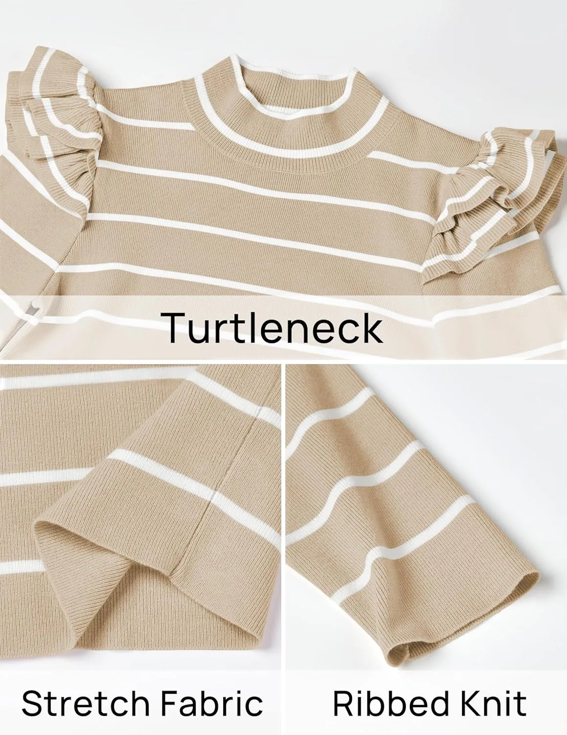 ZESICA Womens Striped Ruffle Long Sleeve Tops Fall Turtleneck Ribbed Knit Slim Fit Basic Shirt Casual Pullover Sweater