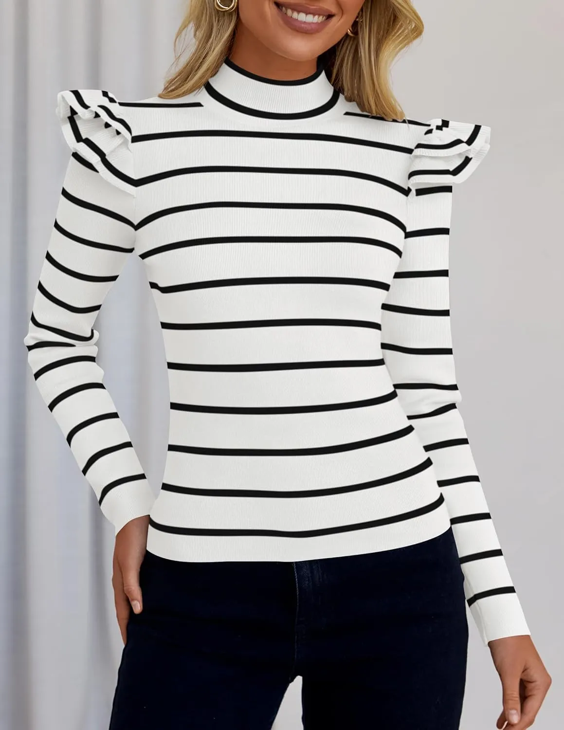 ZESICA Womens Striped Ruffle Long Sleeve Tops Fall Turtleneck Ribbed Knit Slim Fit Basic Shirt Casual Pullover Sweater