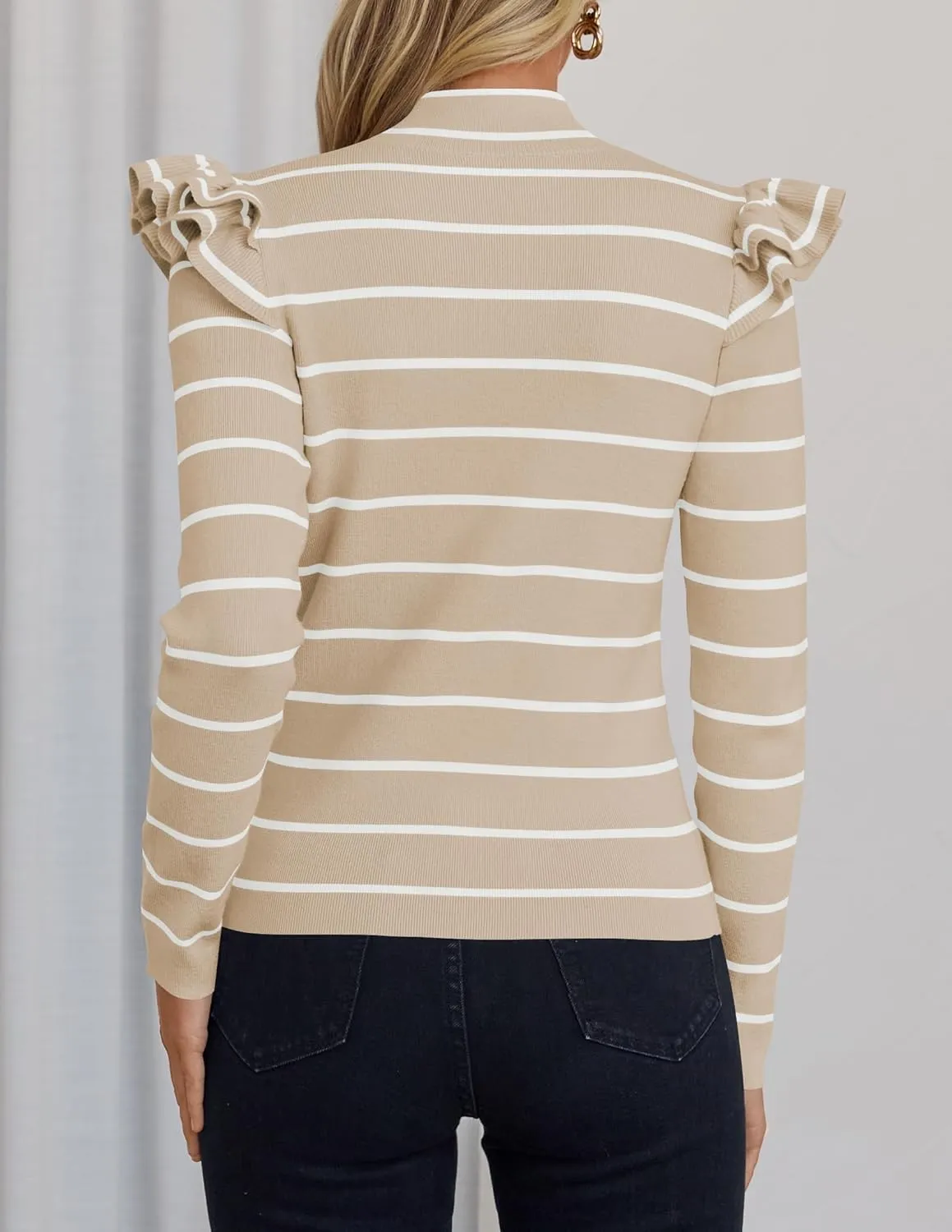 ZESICA Womens Striped Ruffle Long Sleeve Tops Fall Turtleneck Ribbed Knit Slim Fit Basic Shirt Casual Pullover Sweater
