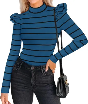 ZESICA Womens Striped Ruffle Long Sleeve Tops Fall Turtleneck Ribbed Knit Slim Fit Basic Shirt Casual Pullover Sweater