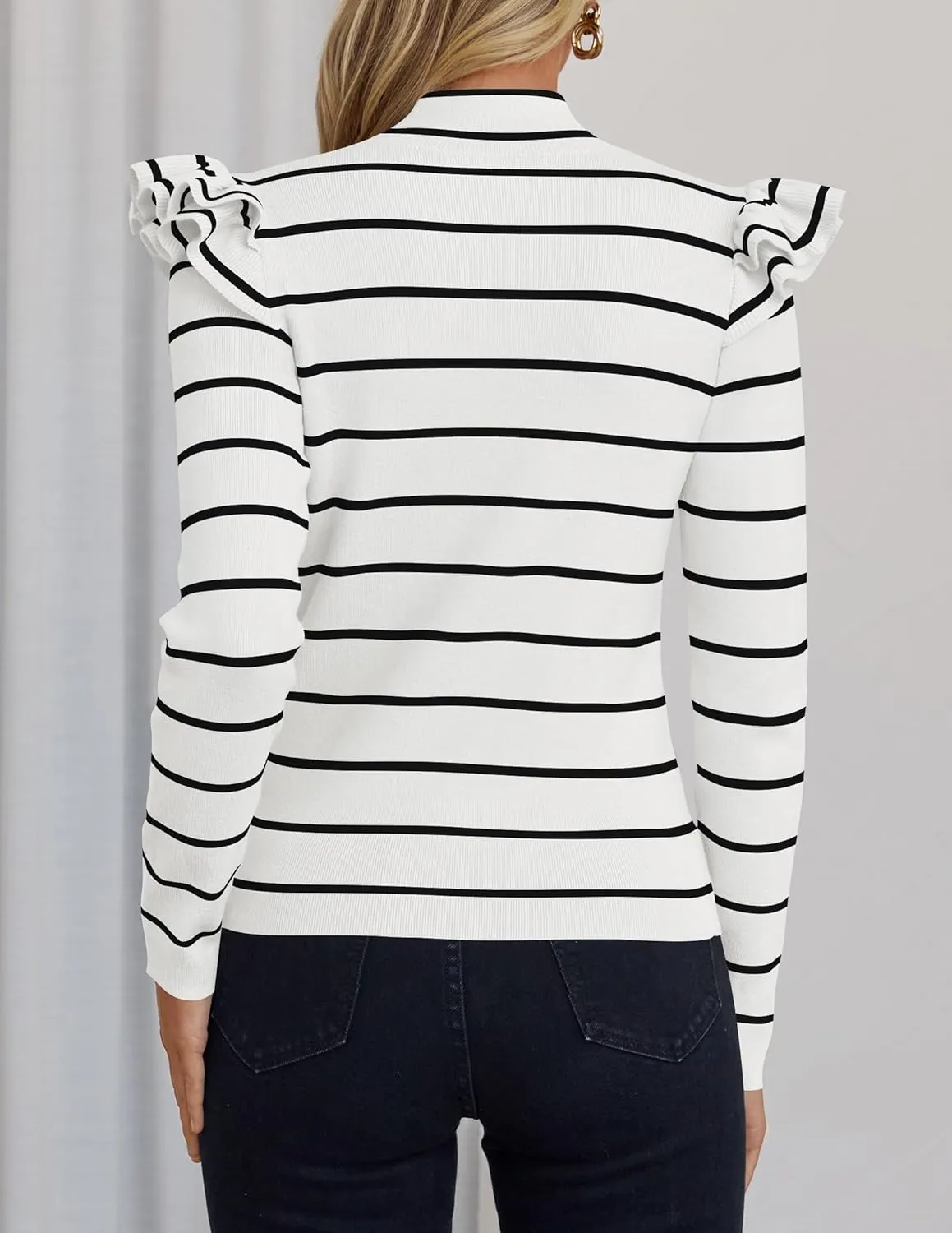 ZESICA Womens Striped Ruffle Long Sleeve Tops Fall Turtleneck Ribbed Knit Slim Fit Basic Shirt Casual Pullover Sweater