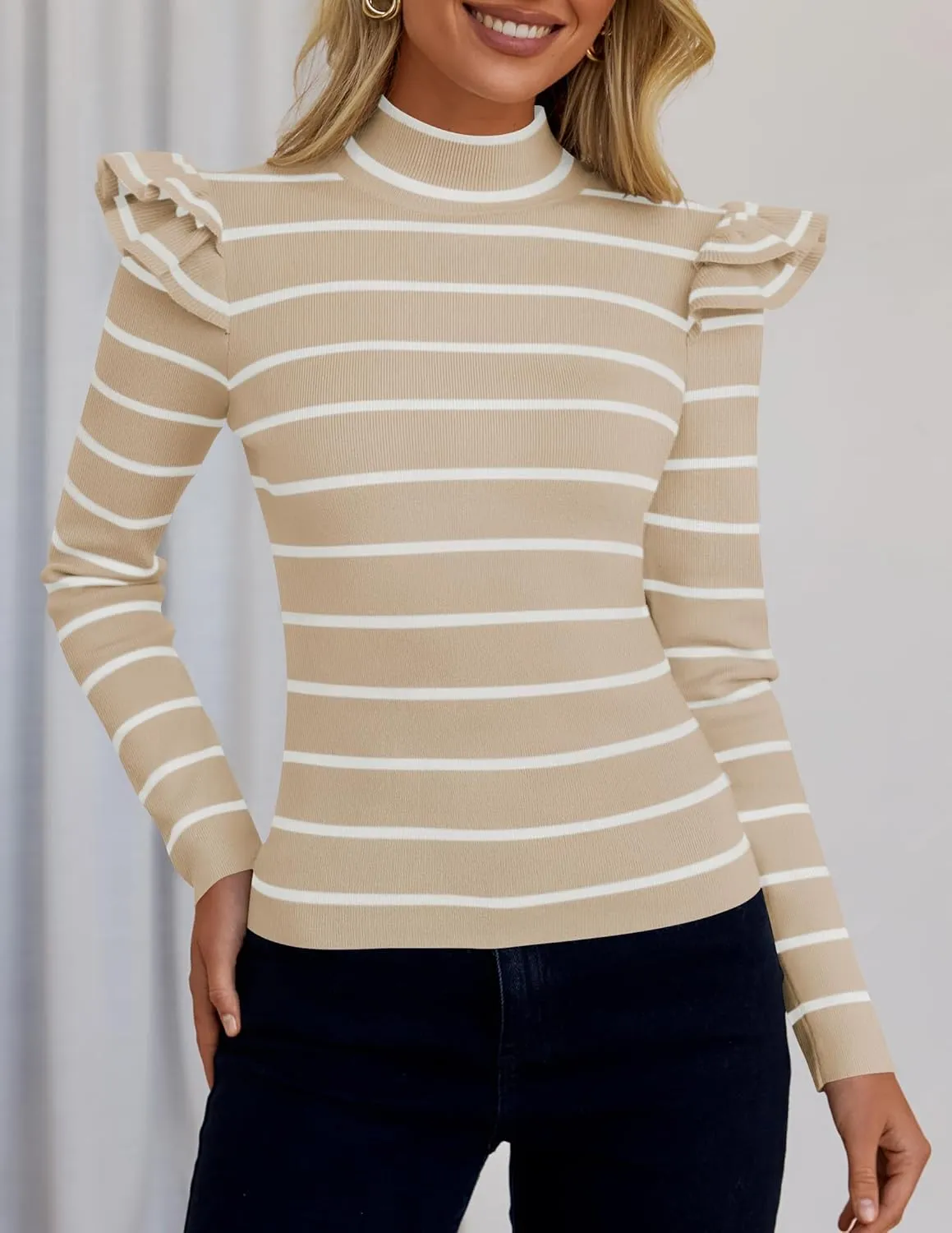 ZESICA Womens Striped Ruffle Long Sleeve Tops Fall Turtleneck Ribbed Knit Slim Fit Basic Shirt Casual Pullover Sweater