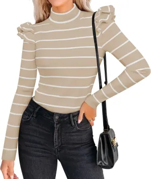ZESICA Womens Striped Ruffle Long Sleeve Tops Fall Turtleneck Ribbed Knit Slim Fit Basic Shirt Casual Pullover Sweater