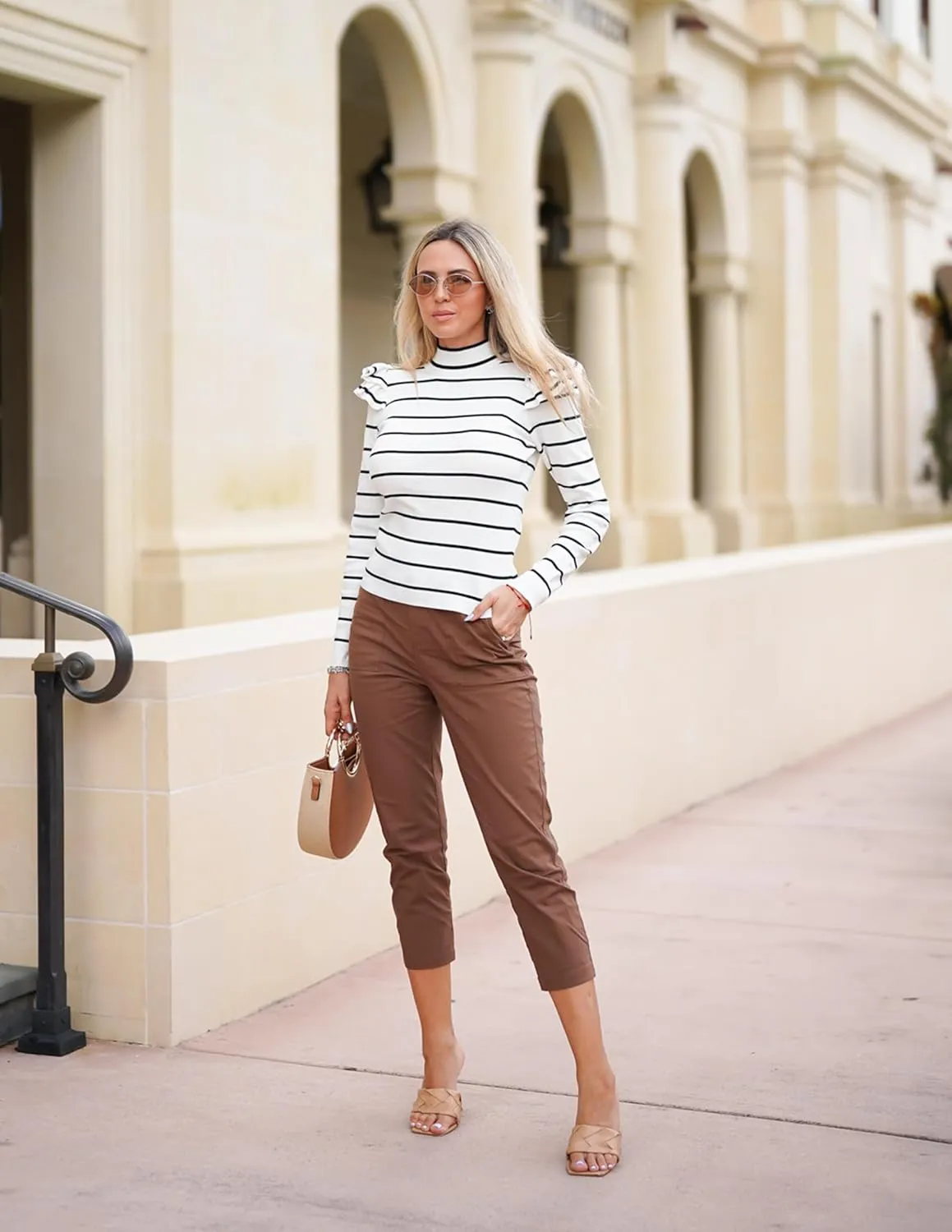 ZESICA Womens Striped Ruffle Long Sleeve Tops Fall Turtleneck Ribbed Knit Slim Fit Basic Shirt Casual Pullover Sweater