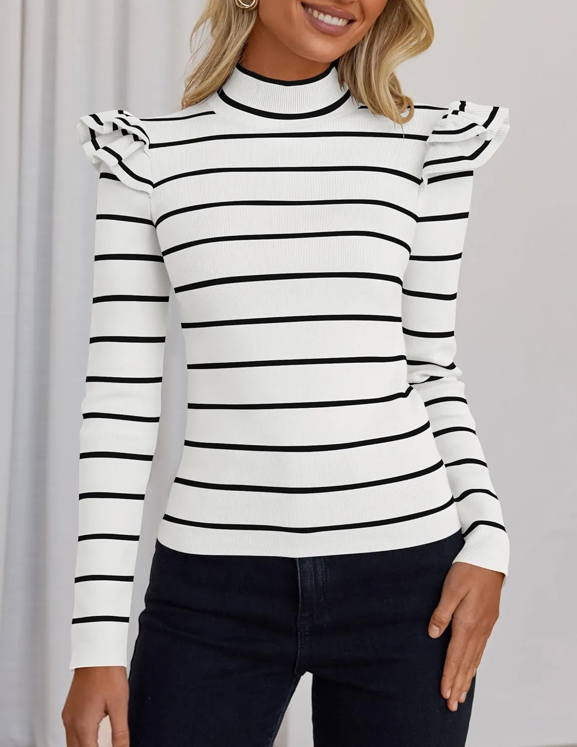 ZESICA Womens Striped Ruffle Long Sleeve Tops Fall Turtleneck Ribbed Knit Slim Fit Basic Shirt Casual Pullover Sweater