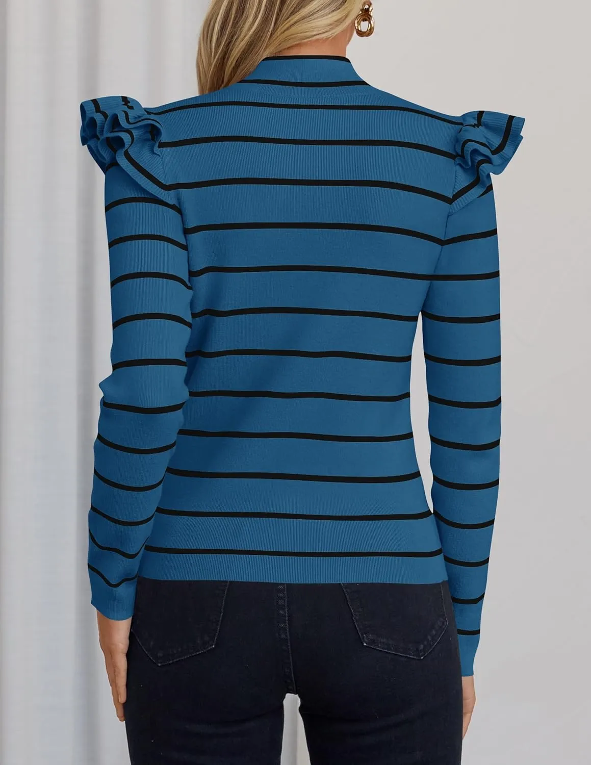 ZESICA Womens Striped Ruffle Long Sleeve Tops Fall Turtleneck Ribbed Knit Slim Fit Basic Shirt Casual Pullover Sweater