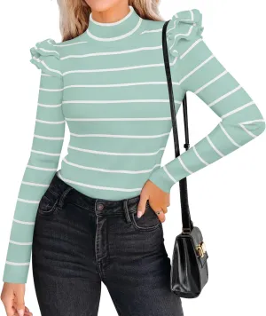 ZESICA Womens Striped Ruffle Long Sleeve Tops Fall Turtleneck Ribbed Knit Slim Fit Basic Shirt Casual Pullover Sweater