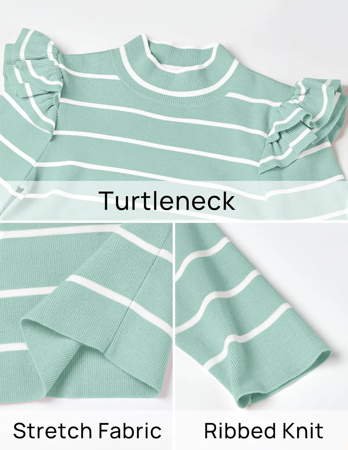 ZESICA Womens Striped Ruffle Long Sleeve Tops Fall Turtleneck Ribbed Knit Slim Fit Basic Shirt Casual Pullover Sweater