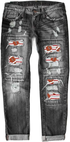 ZOCAVIA Womens Ripped Denim Pants Plus Size Casual Stretch Skinny High Waist Washed Jeans Patched Patchwork Denim Jeans