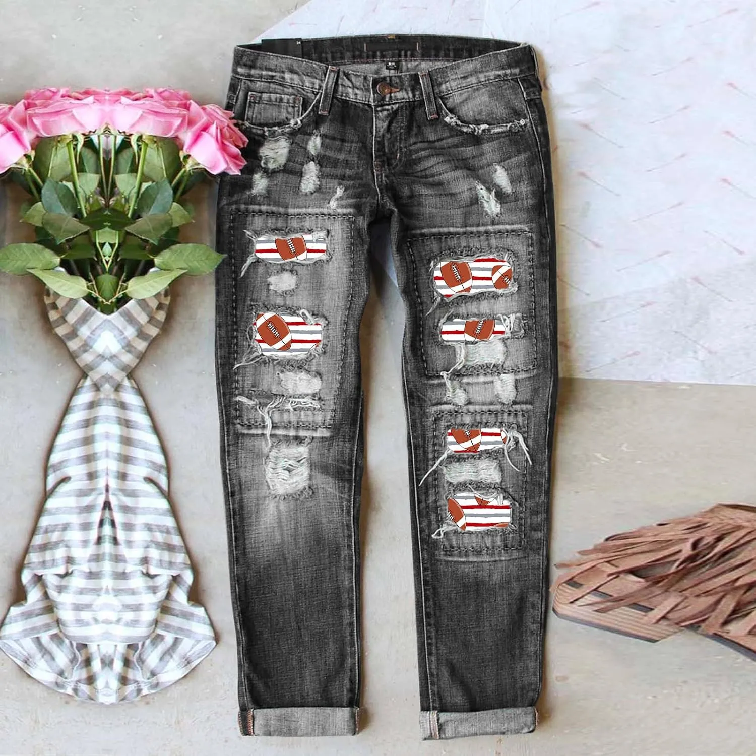 ZOCAVIA Womens Ripped Denim Pants Plus Size Casual Stretch Skinny High Waist Washed Jeans Patched Patchwork Denim Jeans