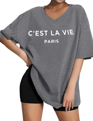 Zoyami Womens Oversized T Shirts Graphic Vintage Tees V Neck Casual Loose Fitting Short Sleeve Tops