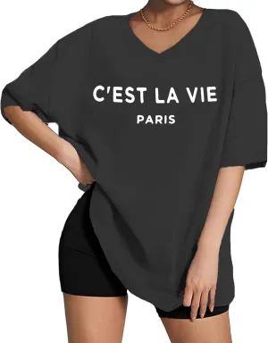 Zoyami Womens Oversized V Neck T Shirts Graphic Vintage Tees Casual Loose Fitting Short Sleeve Tops
